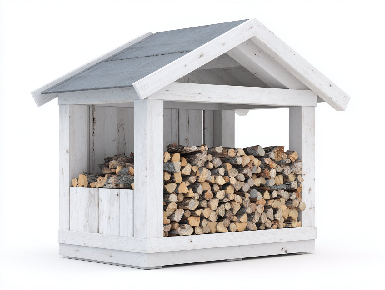 Abri à bûches - bois - 240x150x215 cm - blanc-gris - style cabane compacte